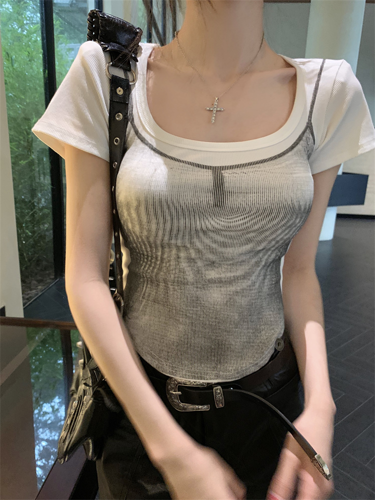 實拍～美式甜辣妹白色印花女夏季設計感小眾獨特短袖上衣背心