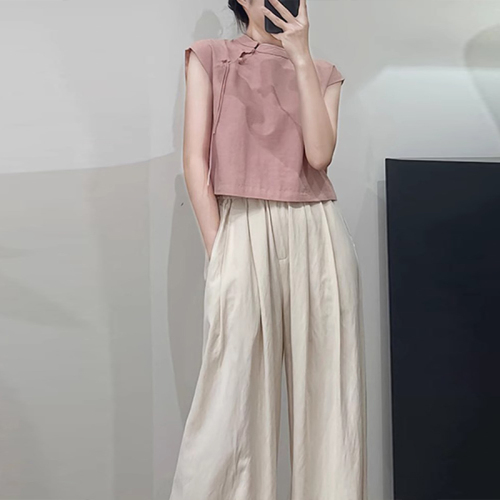 新中式轻国风无袖粉色衬衫女2024夏季新款衬衣设计感小众小衫上衣