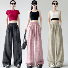 Hand-painted tie-dye cotton linen casual wide-leg pants, 2024 summer lazy style loose drape slimming straight-leg floor-length pants