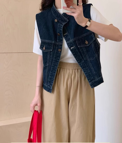 Summer new style retro Hong Kong style loose casual workwear vest with denim vest vest short coat for women