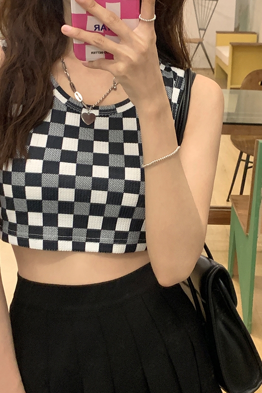 棋盤格印花背心女2024秋裝新款韓版小個子修身內搭外穿短款上衣潮