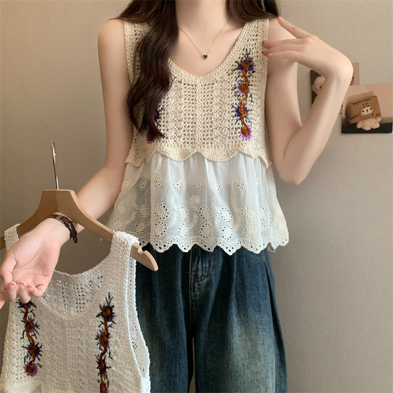 夏季提花刺繡鏤空無袖馬甲女小清新拼接蕾絲背心上衣潮