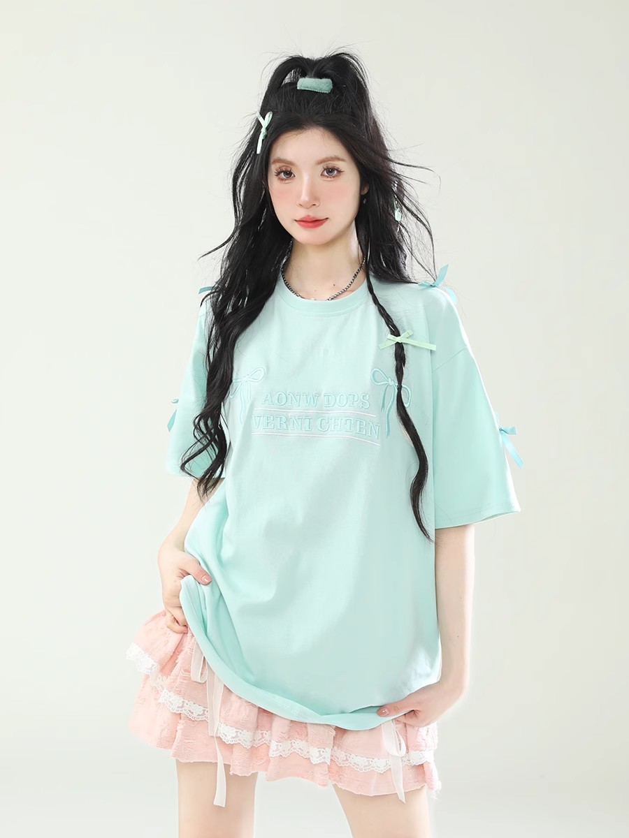 AONW Summer Mint Mambo Butterfly Knot Embroidered Letter Short Sleeve Women's Loose Casual Top
