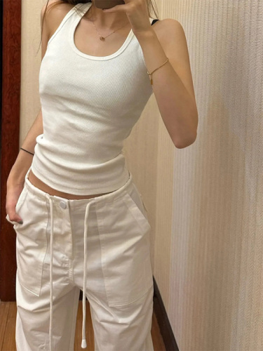 小个子白色工装裤女春秋2024新款美式辣妹抽绳低腰直筒窄版休闲裤
