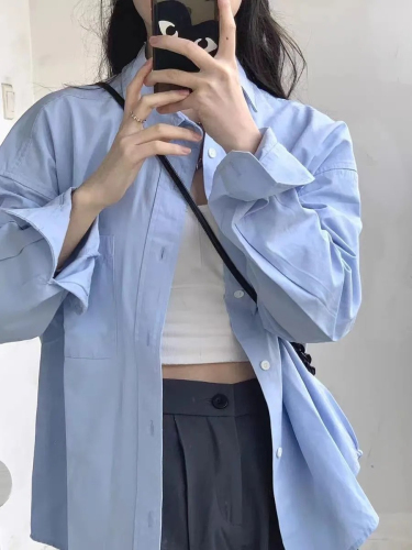 Non-shoot Spring and Summer Sunscreen Blue Shirt Loose Jacket Blouse Design Long-Sleeve French Chic Top