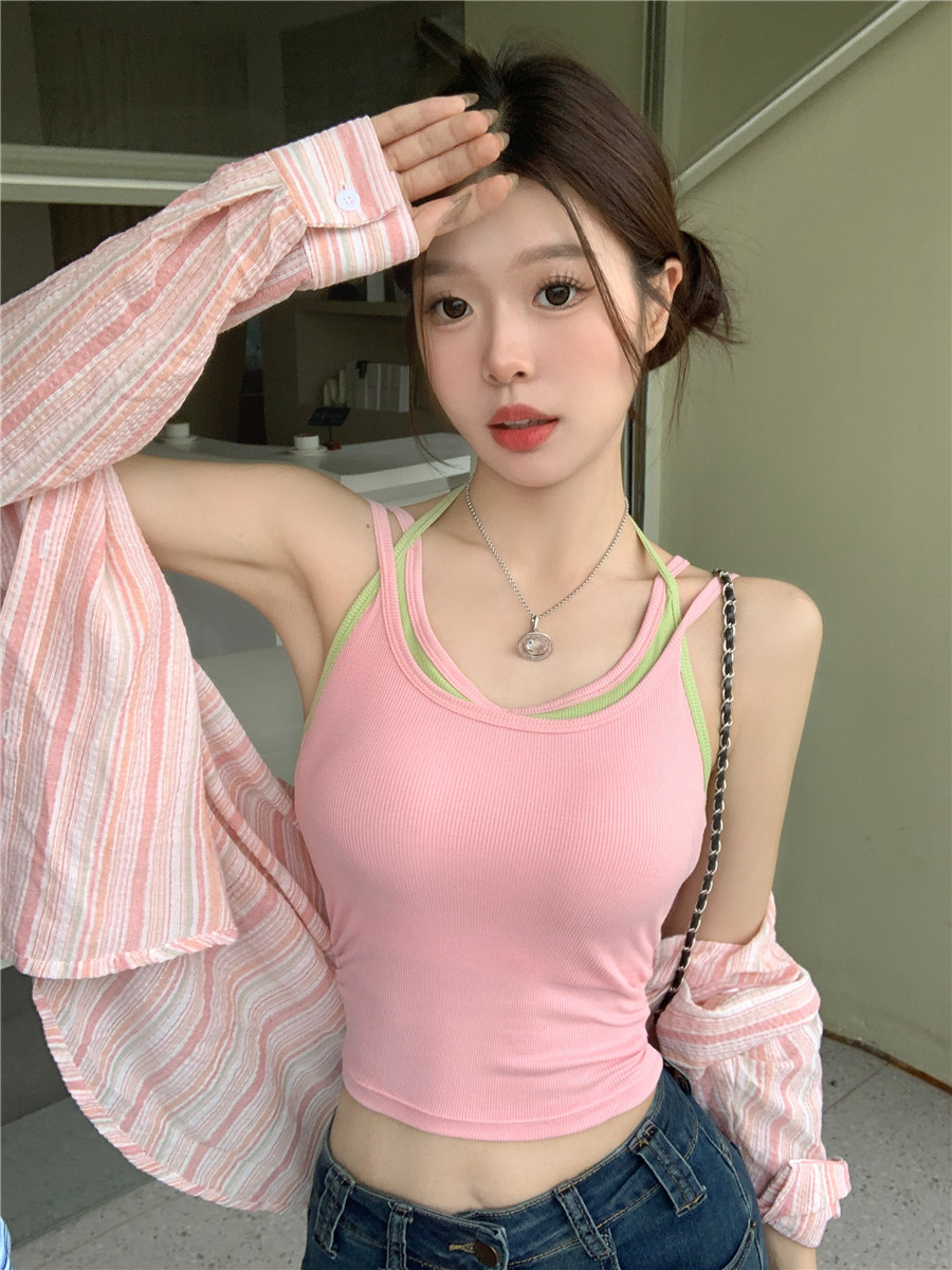實拍~純欲辣妹假兩件時尚掛脖吊帶背心女夏一體外穿上衣