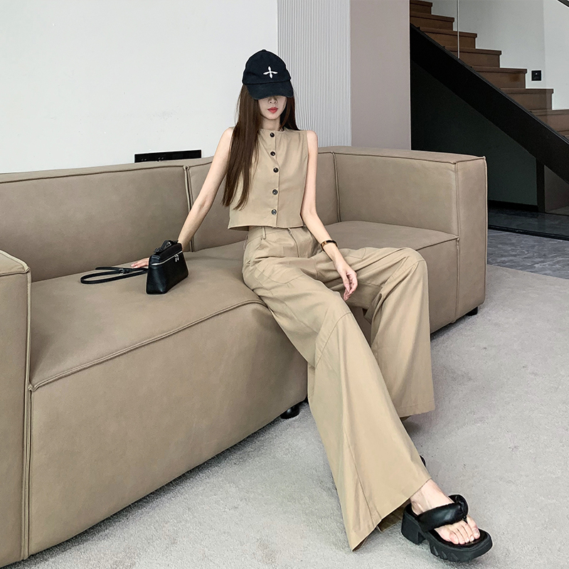 御姐風前後兩穿背心馬甲套裝女設計感不規則口袋拼接線條闊腿裙褲
