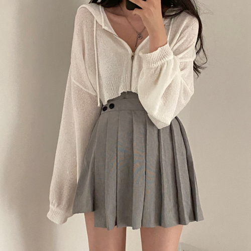 韩国chic连帽短款薄毛衣外套夏季冰丝针织休闲开衫女