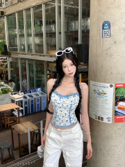 實拍 「碎花物語」藍色碎花純欲蕾絲花邊背心女