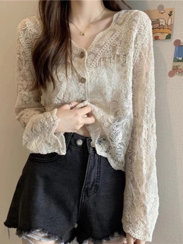 Korean style lazy style hollow lace sun protection cardigan thin women's summer outer air-conditioned blouse shawl shirt jacket