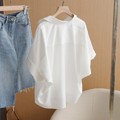 夏季衬衫女短袖小众简约韩版白色衬衣慵懒宽松百搭通勤设计感上衣