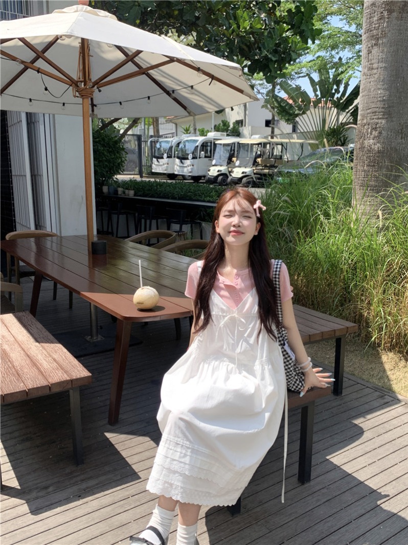 實拍韓系ins少女簡約休閒T恤+設計感蕾絲花邊吊帶裙