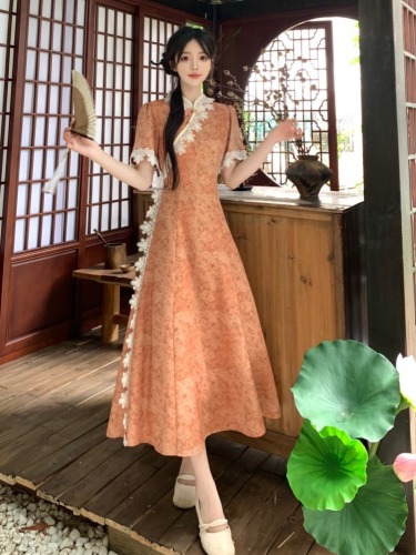 大码女装新中式国风改良旗袍连衣裙女夏季收腰显瘦高端气质长裙子