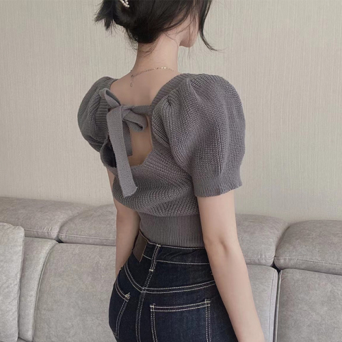 韩国chic设计款方领后背绑带短袖针织上衣女