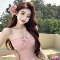 實拍粉色純欲掛脖綁帶網紗連衣裙2024夏季辣妹抹胸仙女裙子