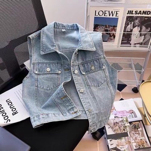 Recommended for personal use ~ American retro short denim vest for women sleeveless vest jacket top with vest