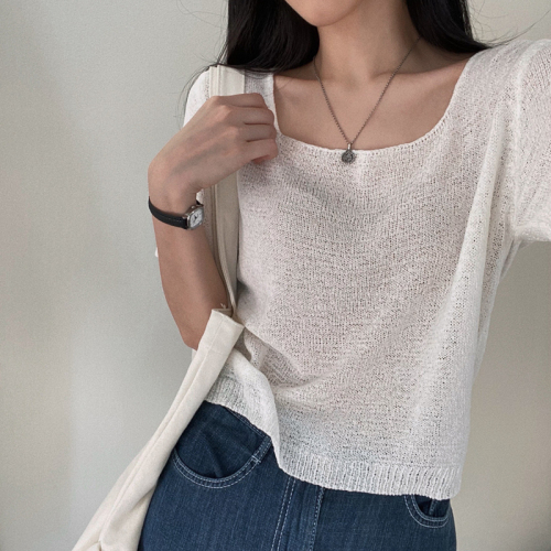 韩国chic夏季新款设计方领短袖冰丝针织衫休闲T恤上衣女