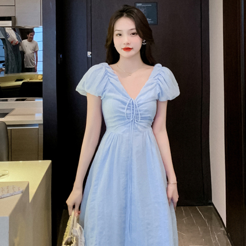 韩系甜美设计感V领蓝色系带连衣裙女夏季收腰显瘦气质法式裙子女