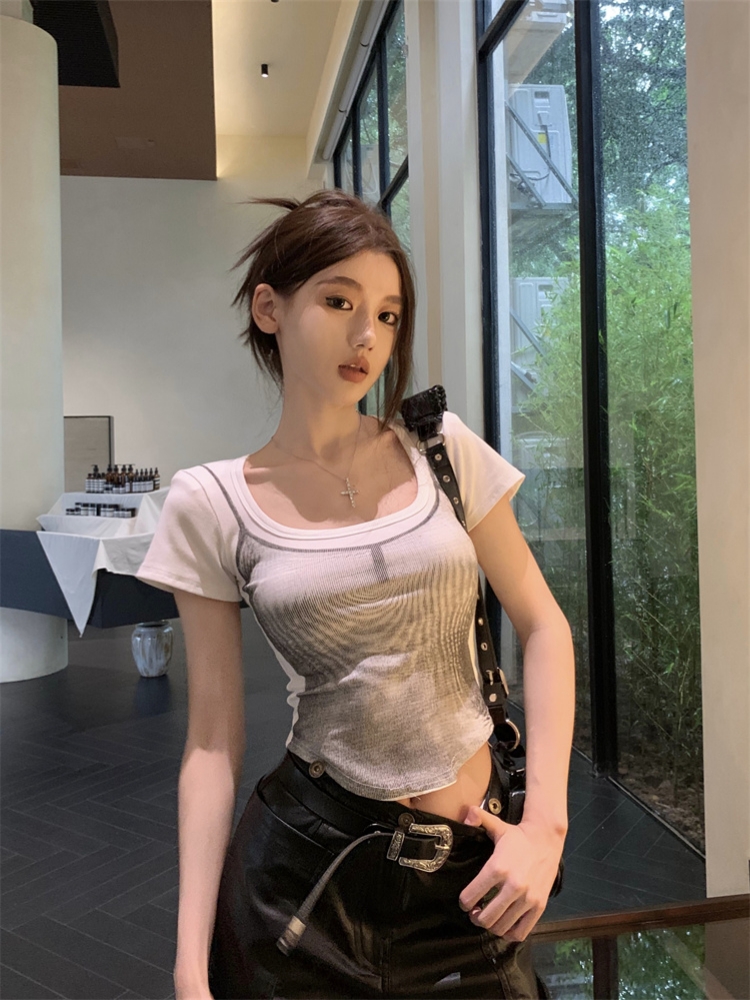 實拍～美式甜辣妹白色印花女夏季設計感小眾獨特短袖上衣背心