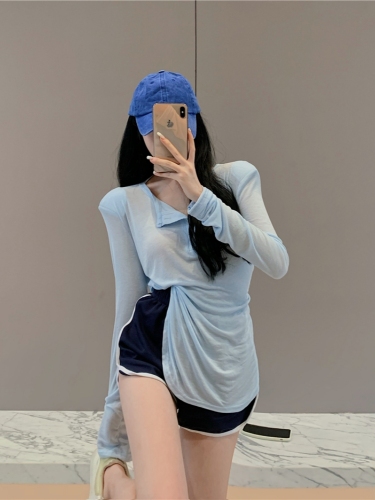 Actual shot ~ V-neck button thin style slimming sun protection shoulder pad long-sleeved T-shirt contrasting color casual sports hot pants suit