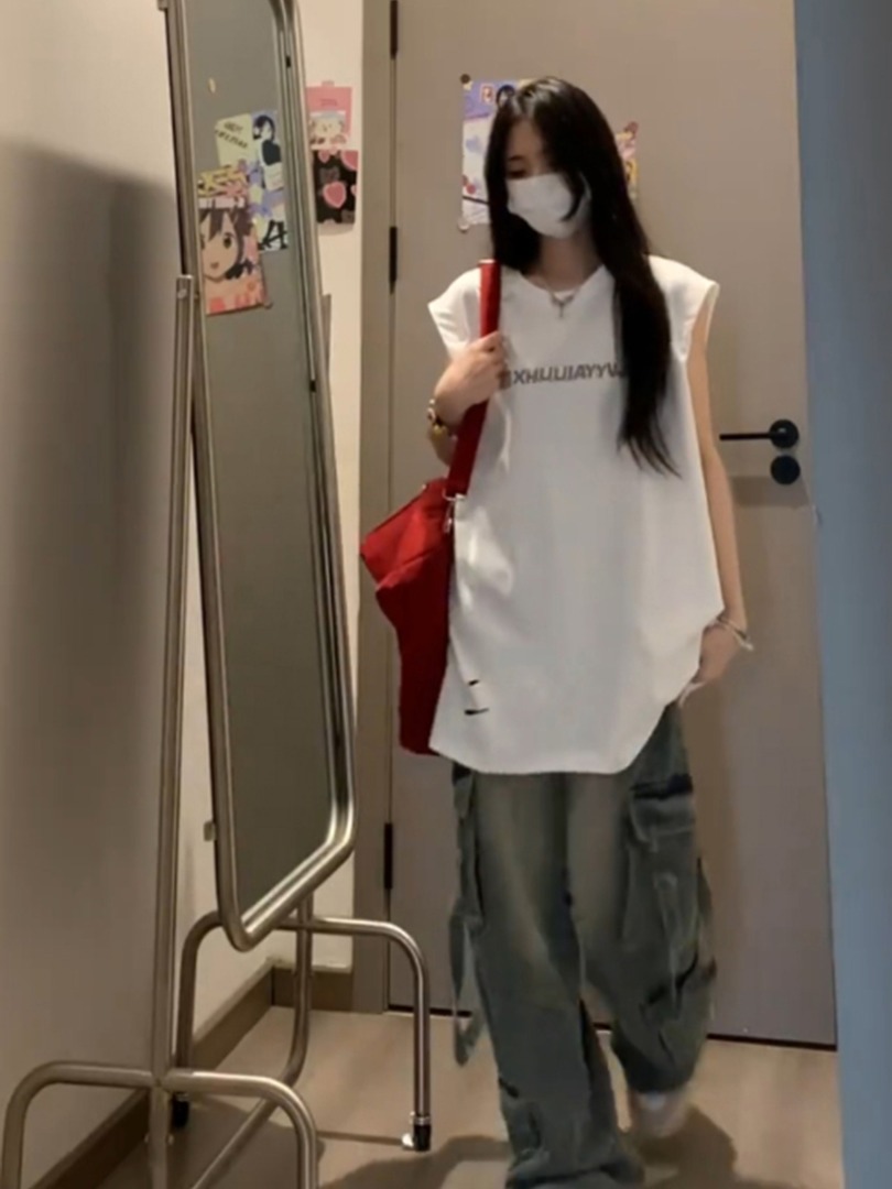 國潮牌字母套頭做舊破洞背心女夏季寬鬆oversize學院風百搭上衣潮