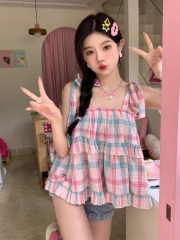 Summer New Sweet and Spicy Trendy Grid Strappy Design Women's Sleeveless Tank Top