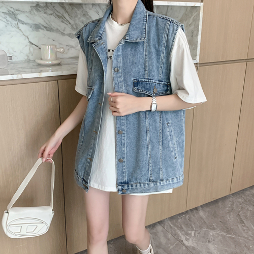 Actual shot ~ Retro denim vest jacket for women, Korean version, loose and versatile, layered vest top