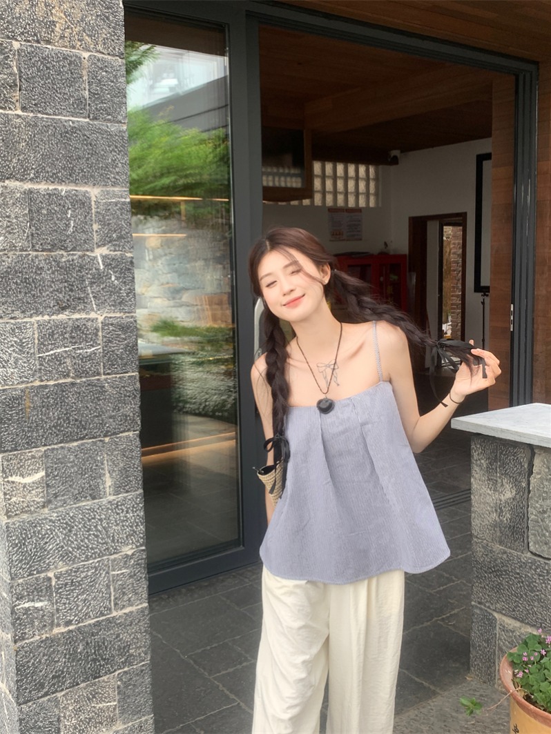 實拍 夏季新款韓版減齡簡約風豎條紋寬鬆舒適吊帶小衫外穿女