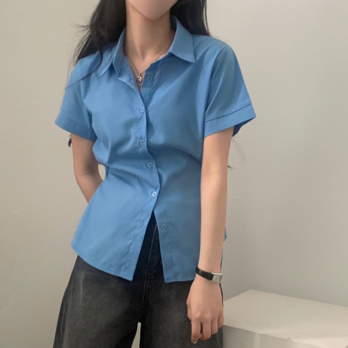 韩国chic夏日 单排扣 收腰显瘦 短袖衬衫