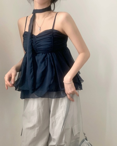 Korean ins summer simple streamers pleated chiffon camisole