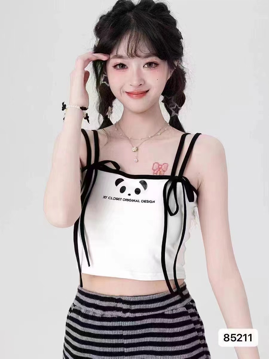 2024夏季新款少女童趣可愛熊貓印花小吊帶