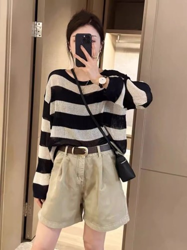 Striped thin hollow ice silk sweater women's summer long-sleeved loose sun protection blouse lazy style air-conditioned shirt top