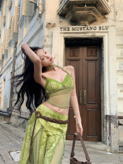 Photographed Green Tie-Dye Embroidered Hand-Strung Bead Retro Tank Top Mid-Length Dress Set