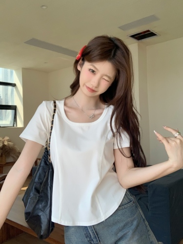 实拍 纯色短袖T恤女夏季辣妹设计感方领蚂蚁腰显瘦正肩上衣