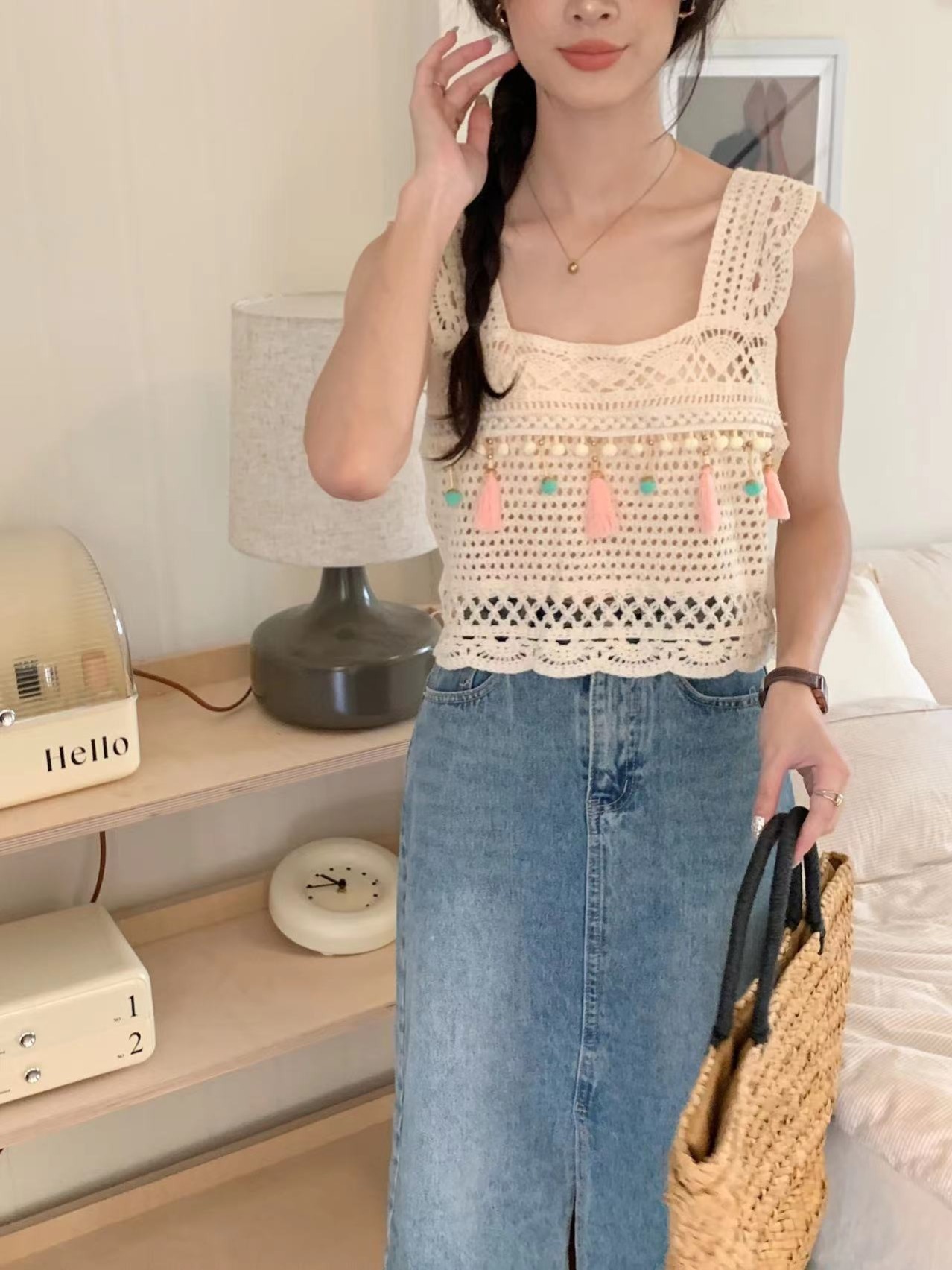 2024 Summer Hollow-out Top Women's New Design Minority Chic Fringe Sleeveless Vest Short Top 