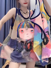 彩色印花無袖背心T恤女