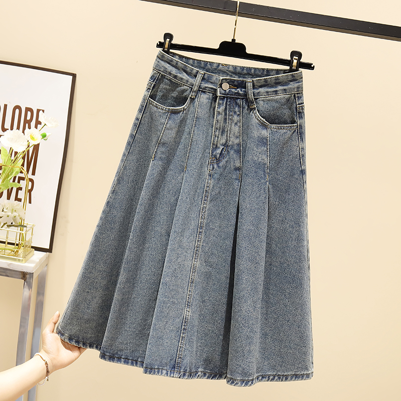 Real-life skirt for women long skirt new mid-length large sway denim skirt pleated high waist slim A-line drooping umbrella skirt
