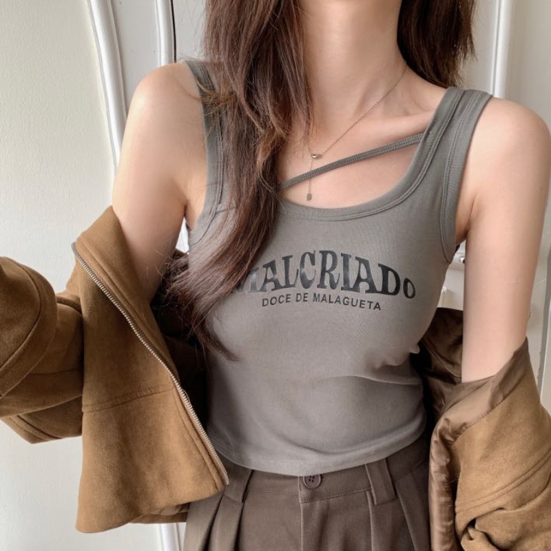 ~辣妹時尚印花字母背心個性百搭帶胸墊無袖上衣女夏