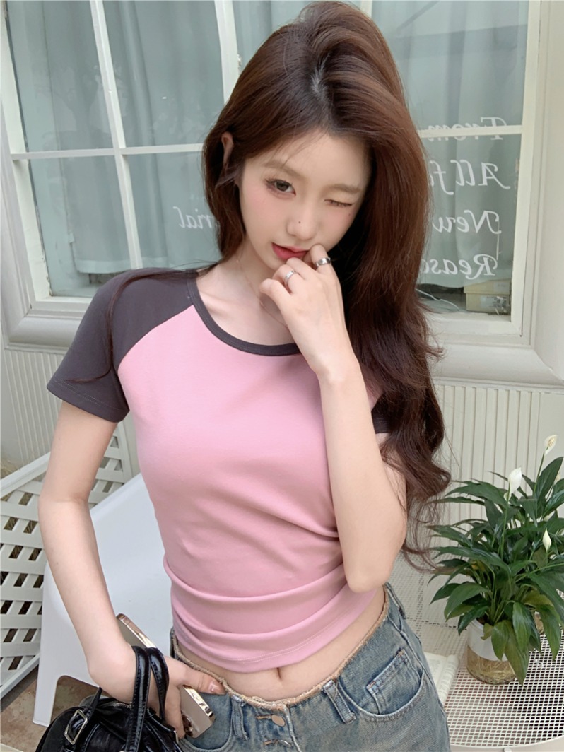 實拍粉色拼接撞色插肩袖短袖t恤女辣妹修身顯瘦短款正肩上衣
