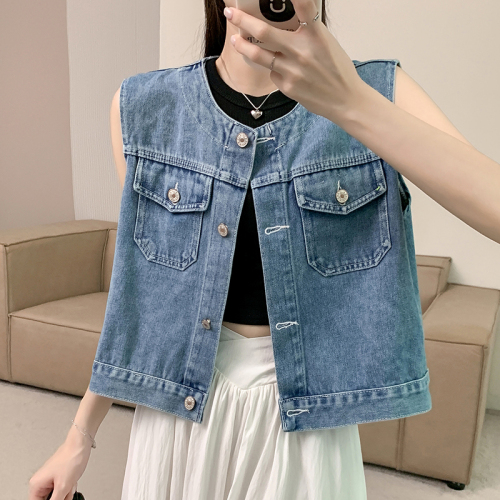 Real shot ~ Denim vest vest jacket women summer new sleeveless outer short top waistcoat women's vest