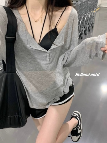 Tencel thread sweet and spicy design niche sun protection shirt top thin loose long sleeve mid-length bottoming T-shirt