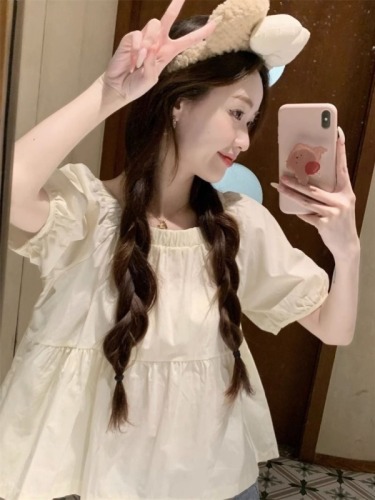 新款韩版简约风学生衬衫女短袖夏季松紧方领纯色小个子娃娃衫上衣