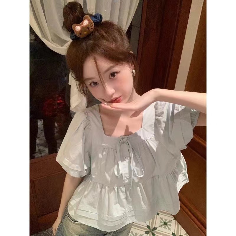 方領減齡泡泡袖短袖上衣設計感小個子寬鬆短款襯衫