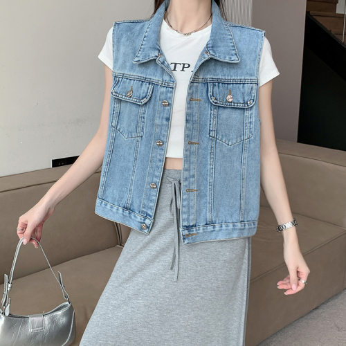 Real shot ~ Retro sleeveless vest denim vest versatile straight short denim vest jacket for women summer