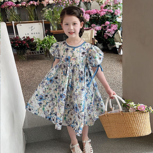 Girls Summer Dress 2024 New Style Children's Sweet Puff Sleeve Princess Dress Fashionable Cute Floral Dress