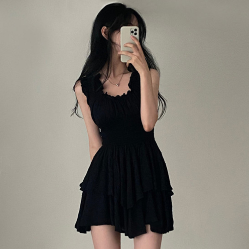 Korean chic summer retro style U-neck pleated waist slimming sleeveless camisole dress short skirt