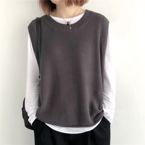 Round neck knitted vest for women spring and autumn new style loose and versatile women's sweater vest vest short outer wear