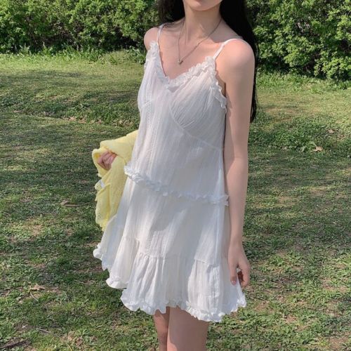 韩国chic夏新款黑白两色双面穿吊带连衣裙甜美花边拼接设计感超仙