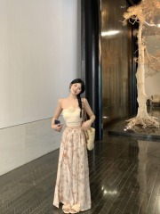 實拍 設計感花朵裝飾網紗彈力抹胸女水墨印花鬆緊腰闊腿褲