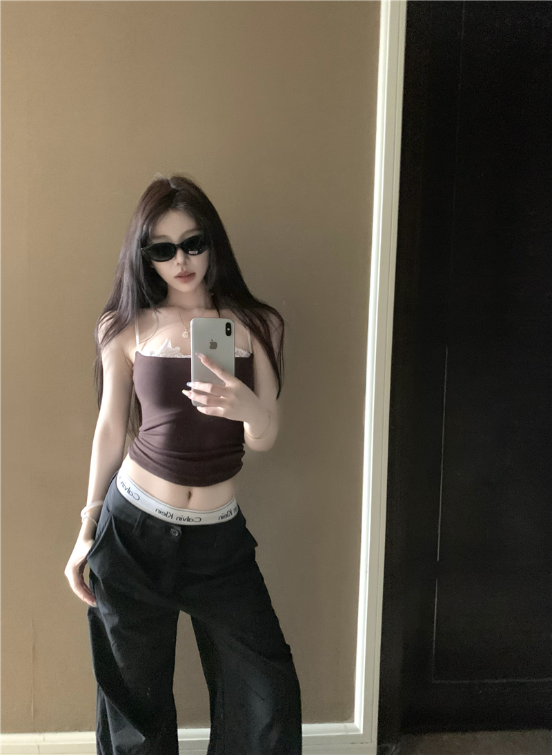 實拍#蕾絲拼接甜辣少女純欲歐美風緊身吊帶